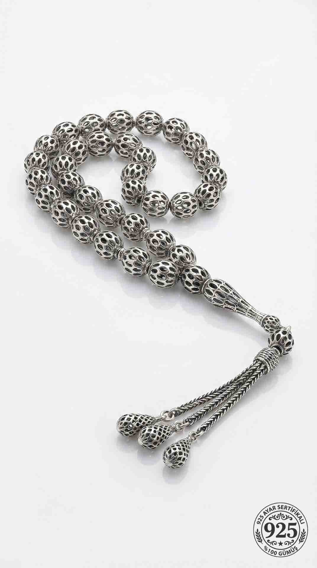Globe Cut Tassel Wrist Oval Embroidered-Style Traditional Prayer Beads Silver