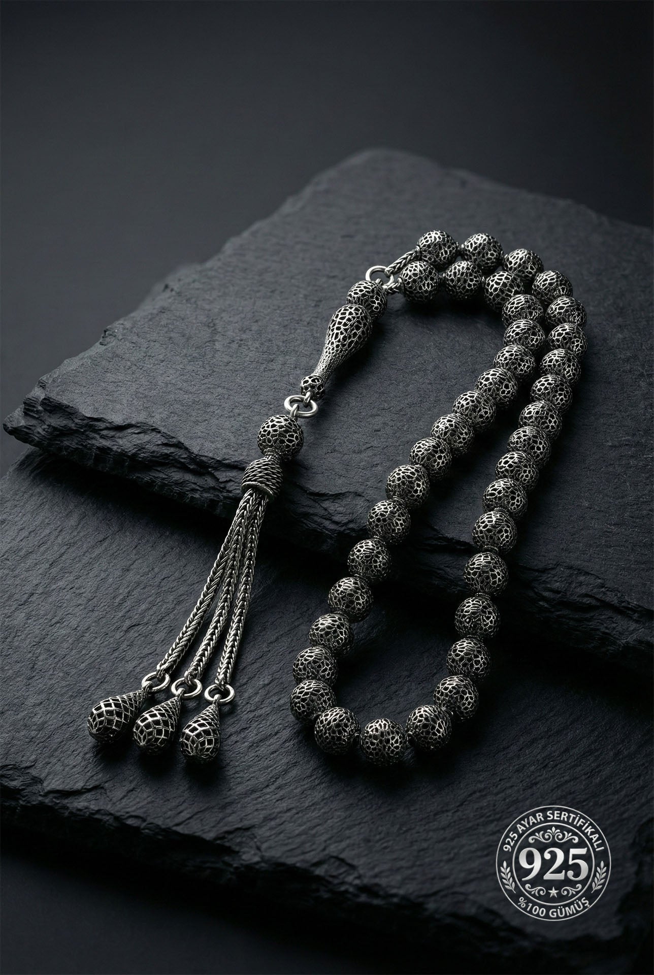 Globe Cut Tassel Wrist Honeycomb Embroidered-Style Traditional Prayer Beads Silver