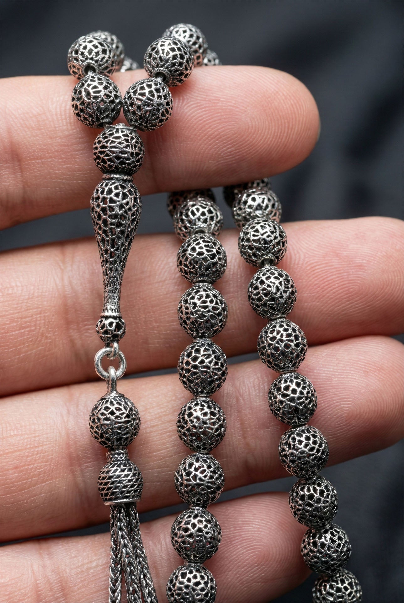 Globe Cut Tassel Wrist Honeycomb Embroidered-Style Traditional Prayer Beads Silver
