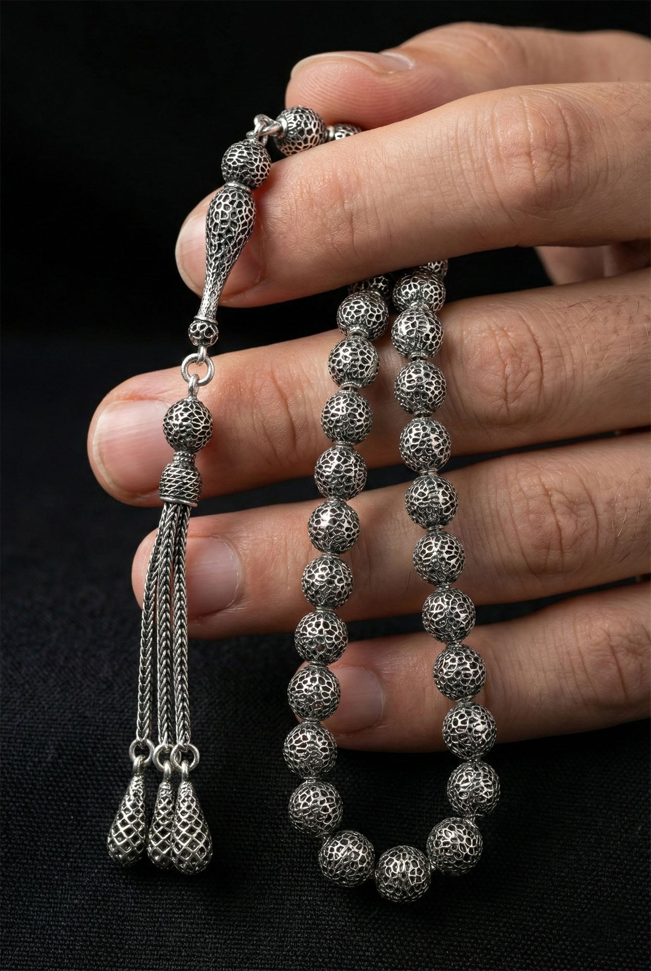 Globe Cut Tassel Wrist Honeycomb Embroidered-Style Traditional Prayer Beads Silver