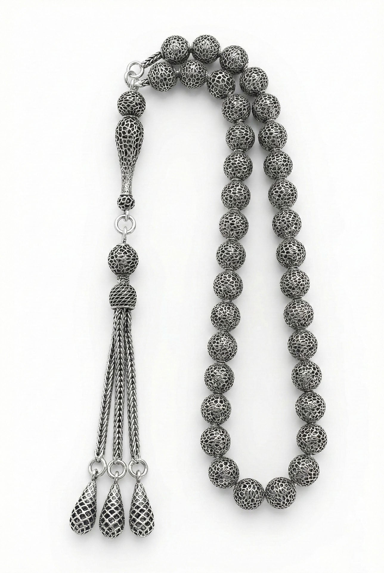 Globe Cut Tassel Wrist Honeycomb Embroidered-Style Traditional Prayer Beads Silver