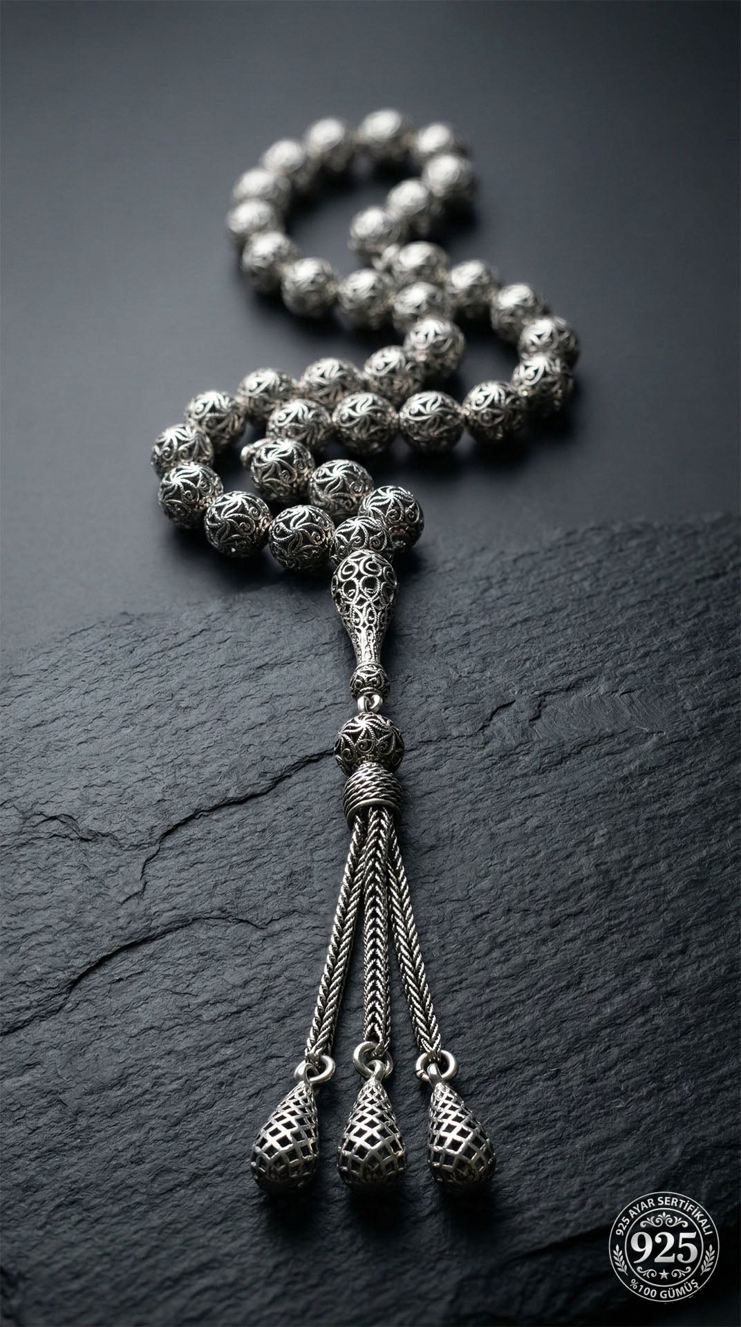 Globe Cut Tassel Wrist Spiral Patterned Traditional Prayer Beads Silver