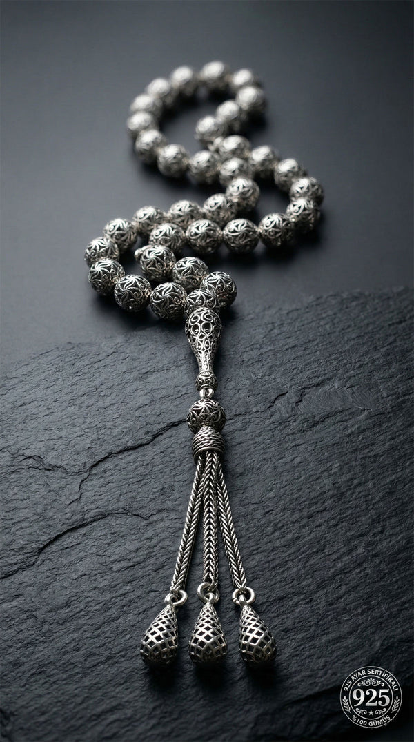 Globe Cut Tassel Wrist Spiral Patterned Traditional Prayer Beads Silver