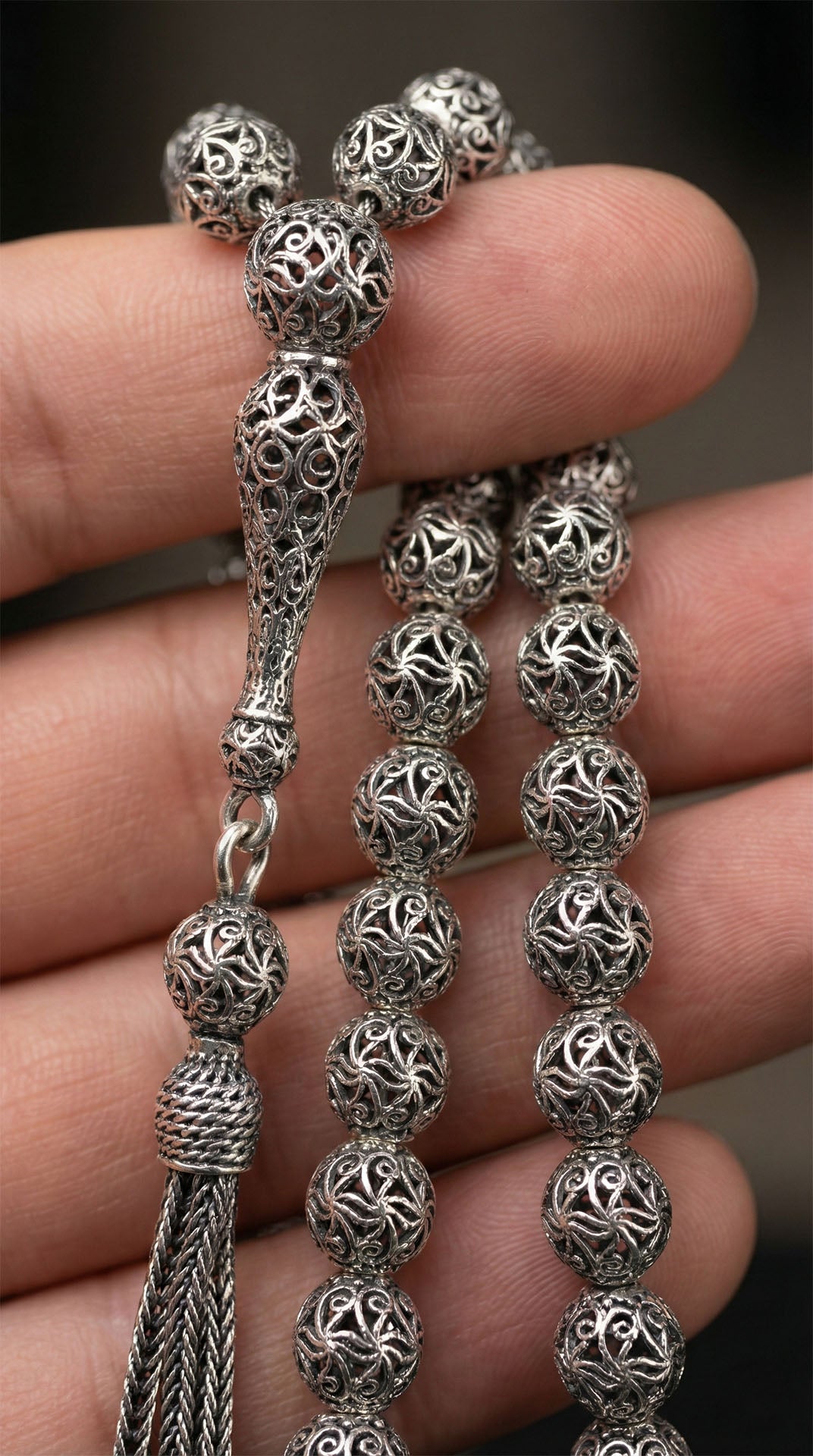 Globe Cut Tassel Wrist Spiral Patterned Traditional Prayer Beads Silver