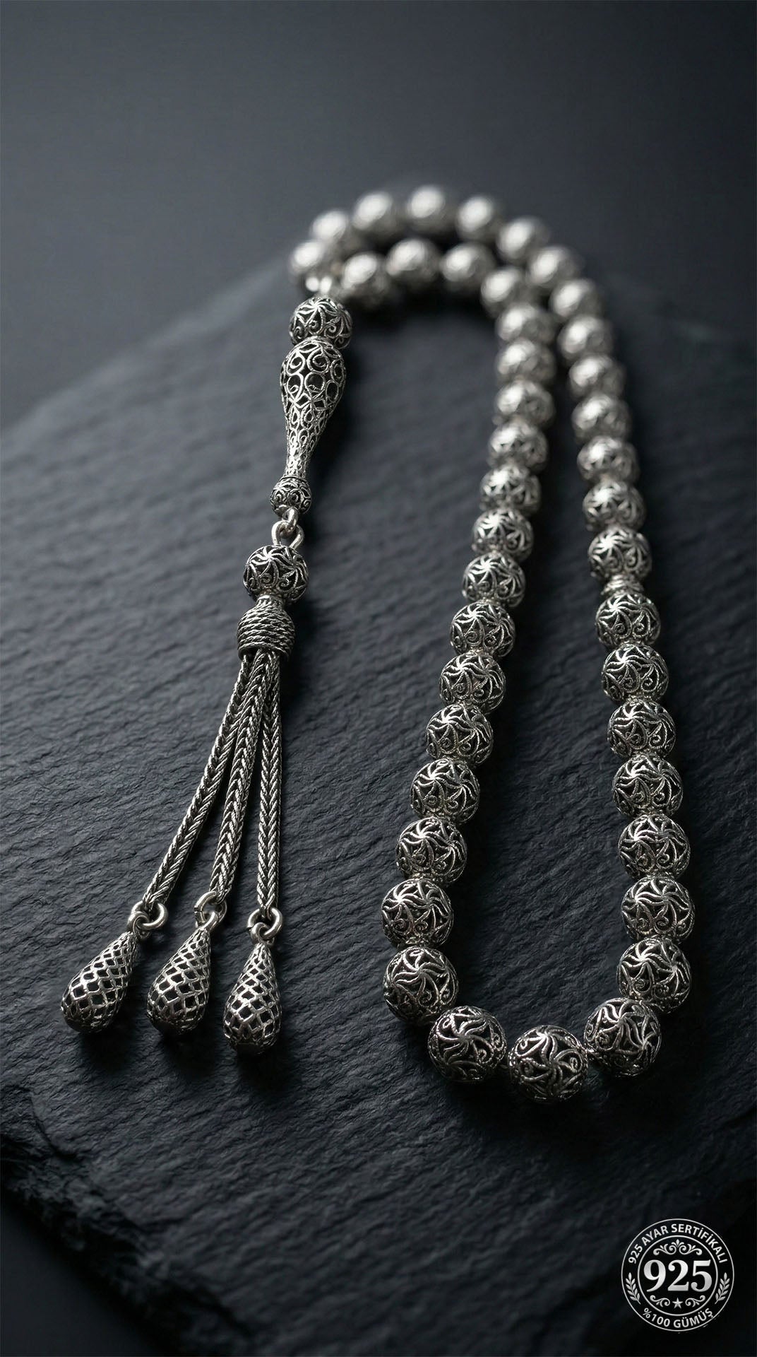 Globe Cut Tassel Wrist Spiral Patterned Traditional Prayer Beads Silver