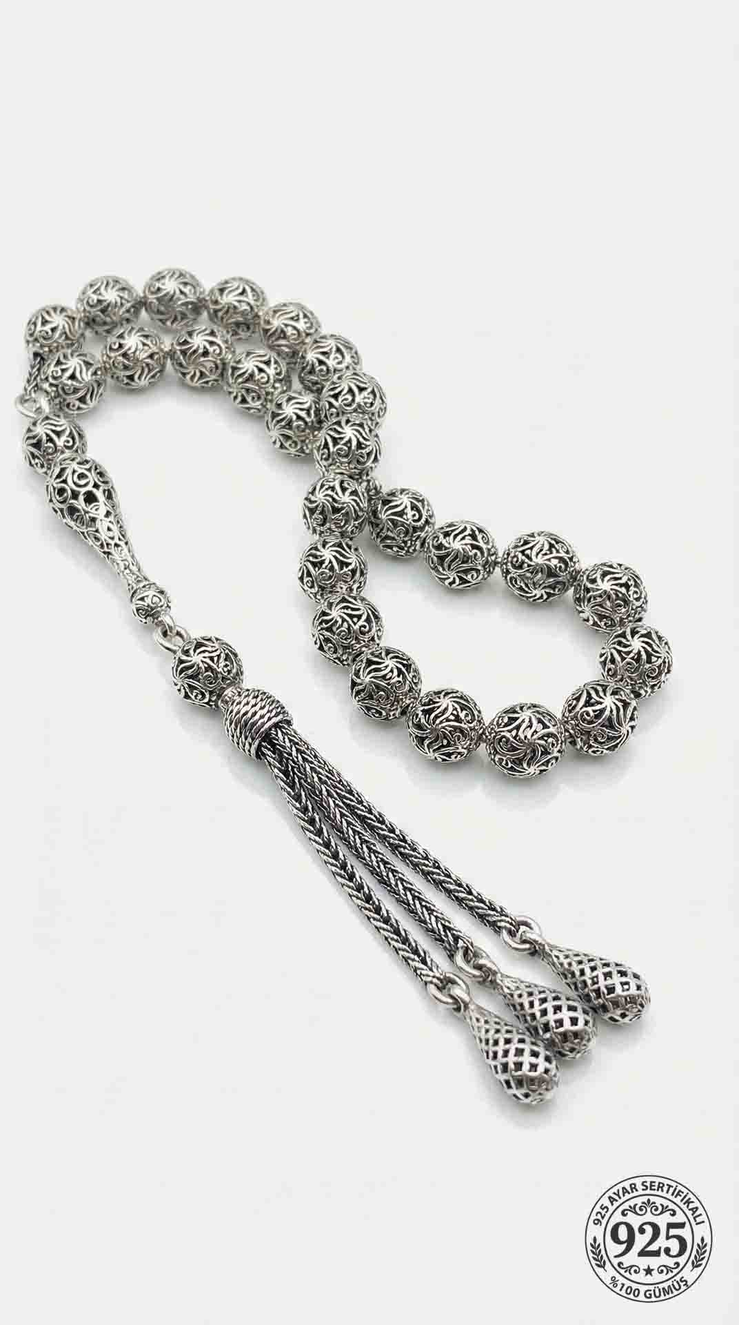 Globe Cut Tassel Wrist Spiral Patterned Traditional Prayer Beads Silver