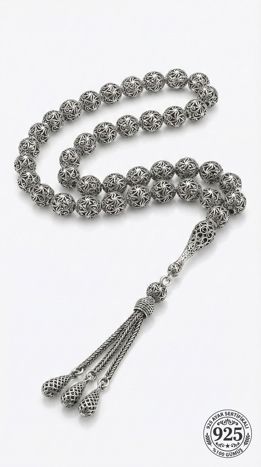 Globe Cut Tassel Wrist Spiral Patterned Traditional Prayer Beads Silver