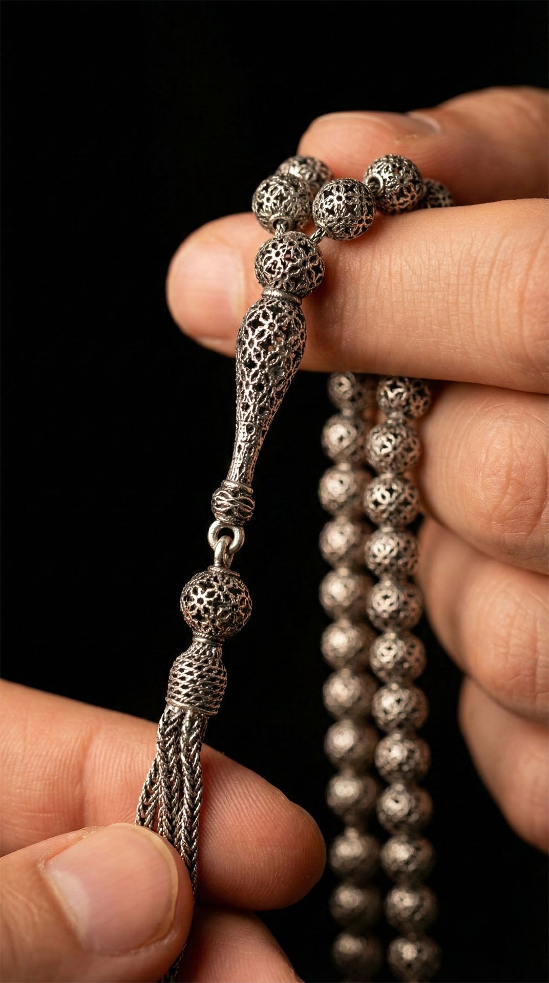 Globe Cut Tassel Wrist Clover Embroidered-Style Traditional Prayer Beads Silver