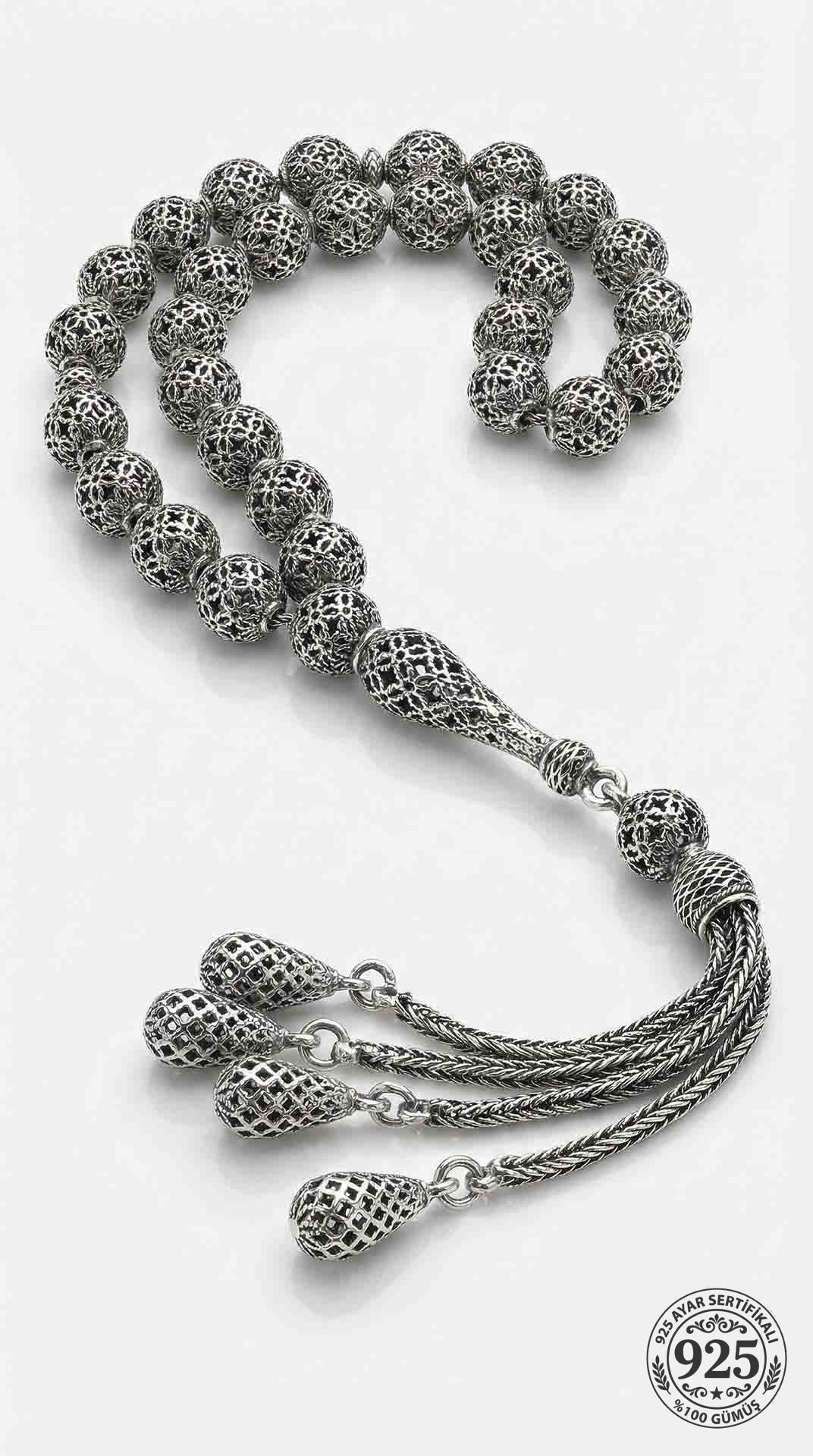 Globe Cut Tassel Wrist Clover Embroidered-Style Traditional Prayer Beads Silver