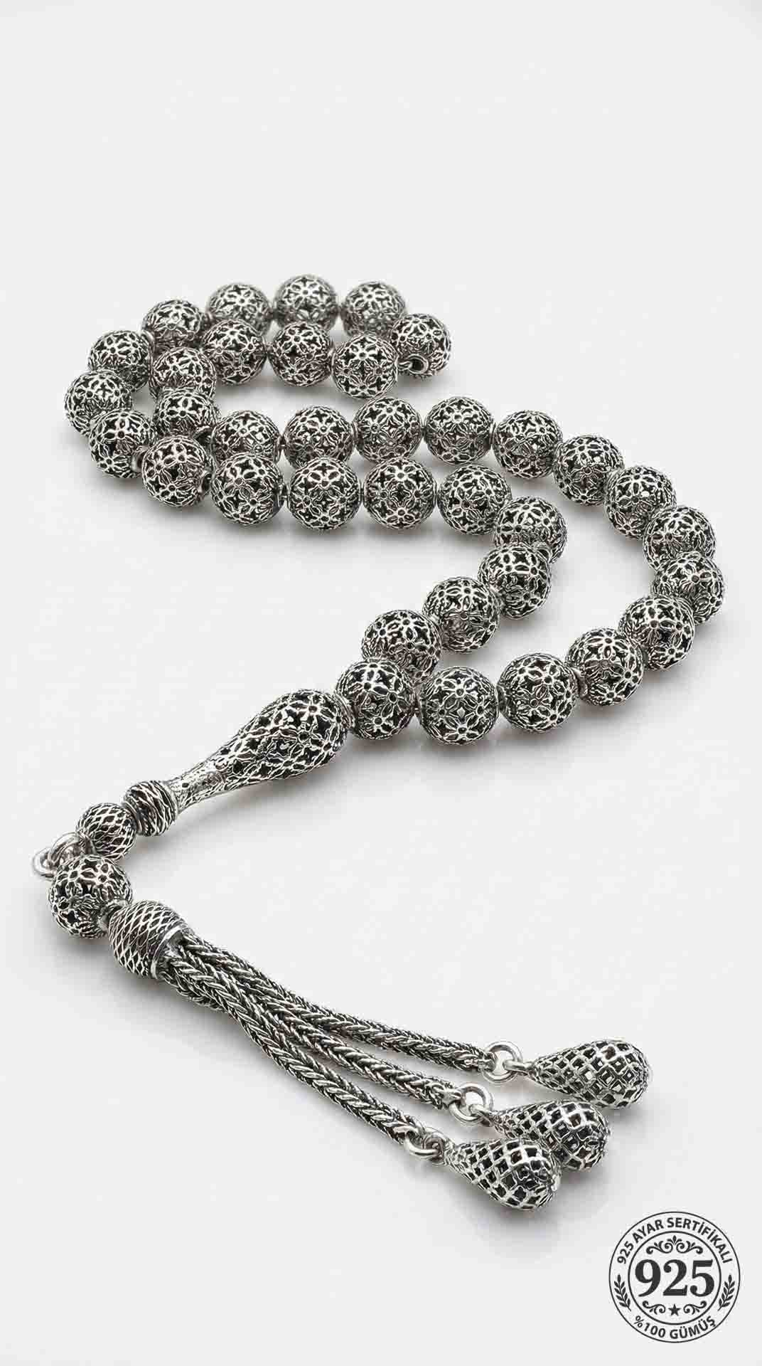Globe Cut Tassel Wrist Clover Embroidered-Style Traditional Prayer Beads Silver