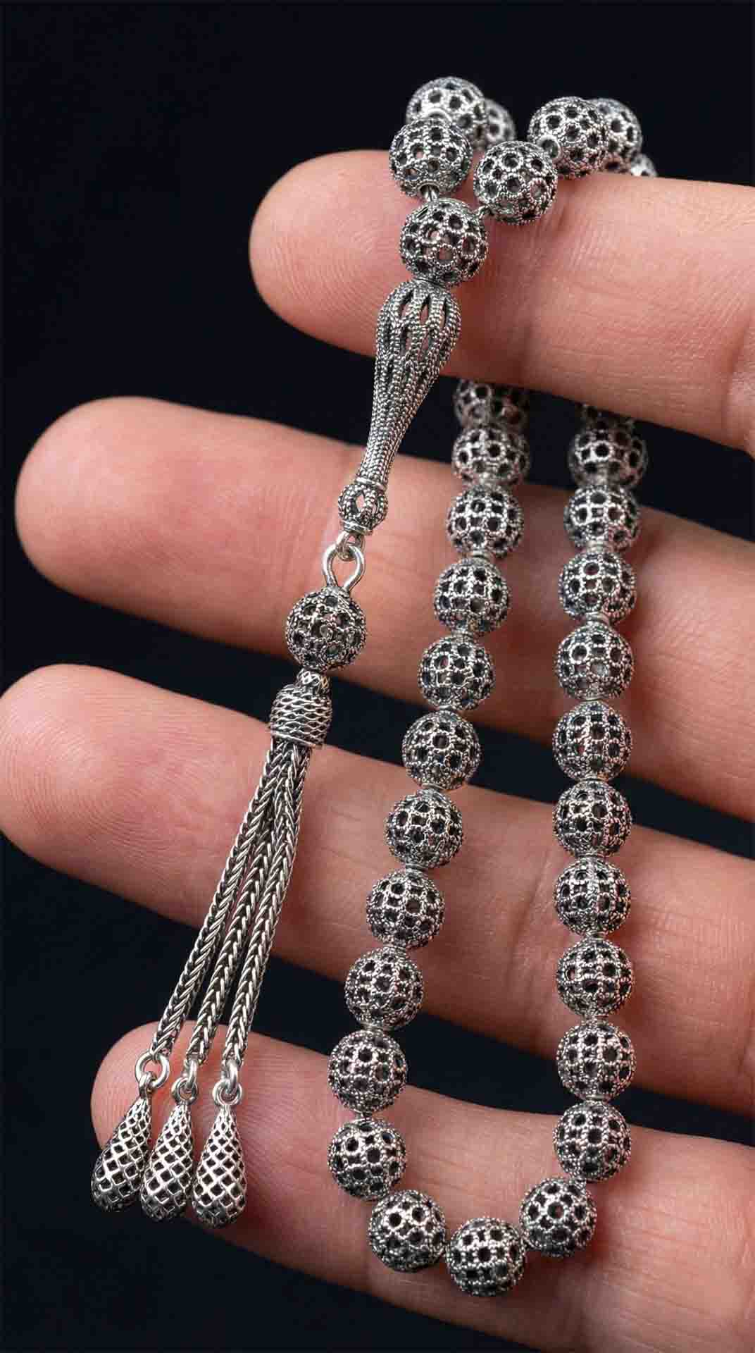 Globe Cut Tassel Wrist Round Wirework Ball Embroidered-Style Traditional Prayer Beads Silver
