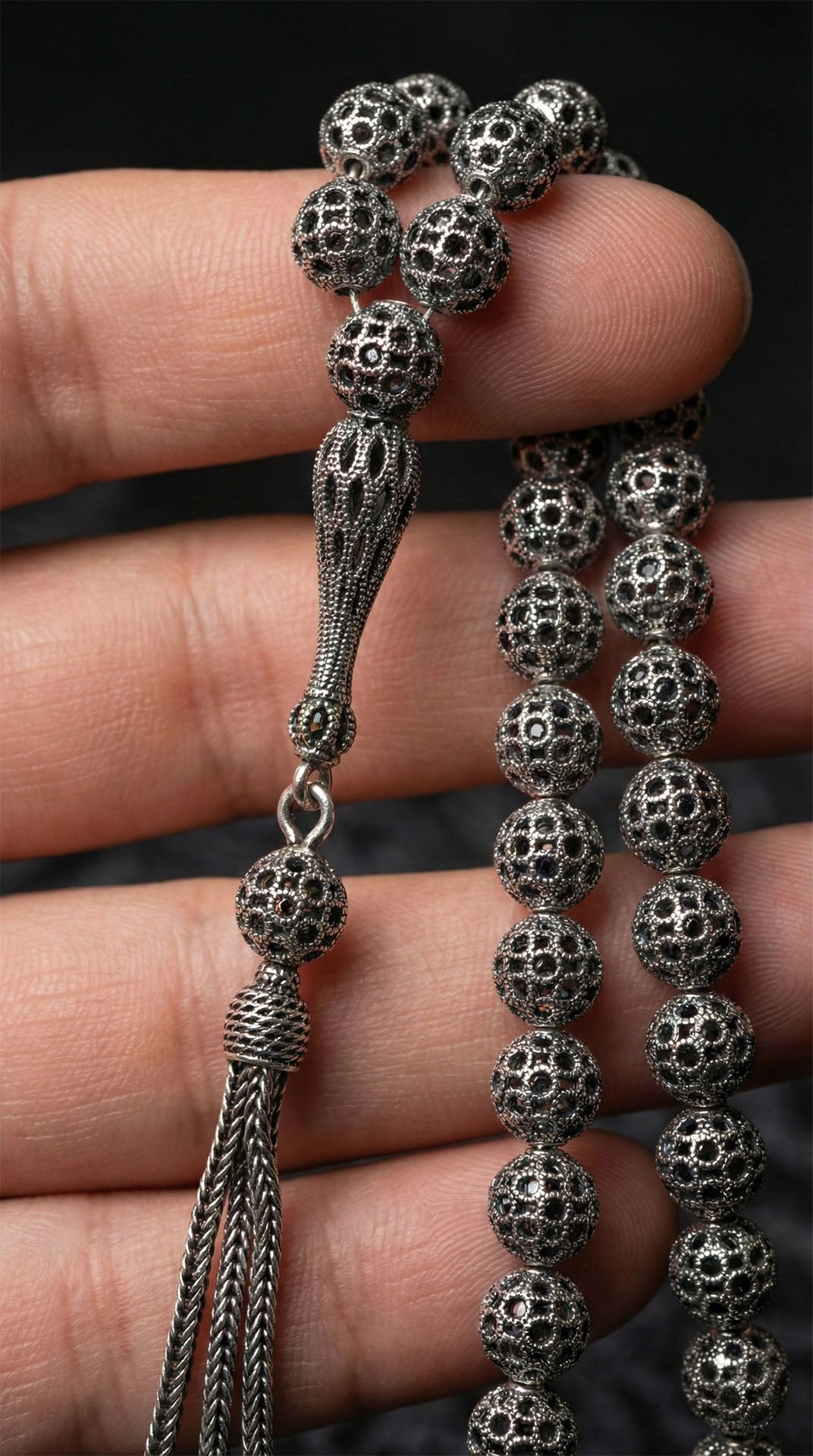 Globe Cut Tassel Wrist Round Wirework Ball Embroidered-Style Traditional Prayer Beads Silver