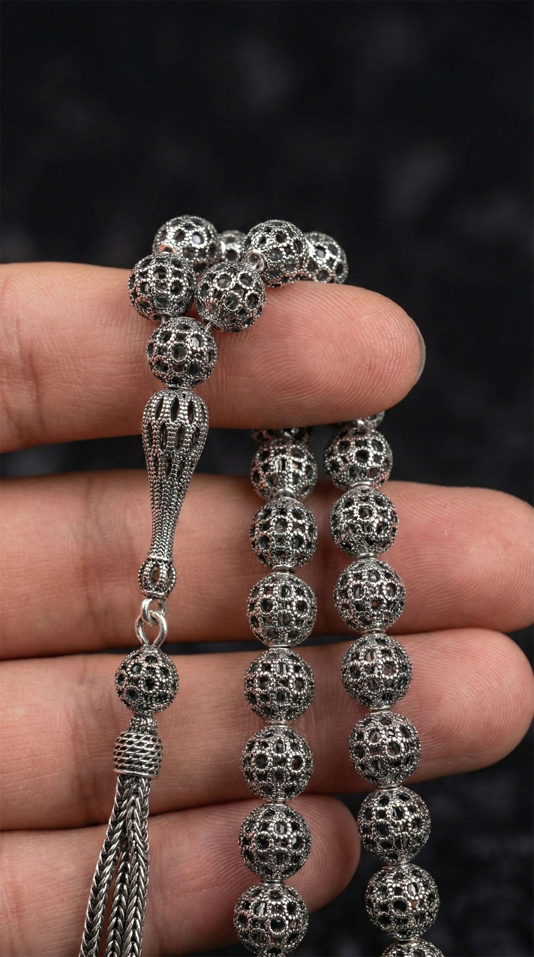 Globe Cut Tassel Wrist Round Wirework Ball Embroidered-Style Traditional Prayer Beads Silver