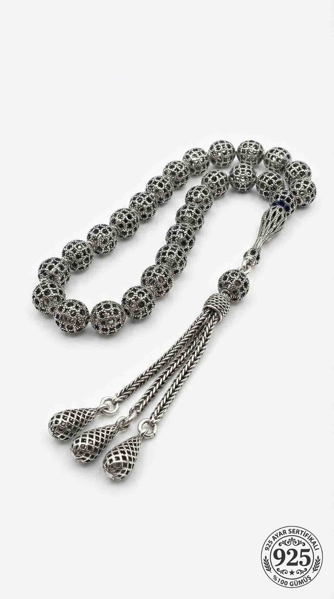 Globe Cut Tassel Wrist Round Wirework Ball Embroidered-Style Traditional Prayer Beads Silver