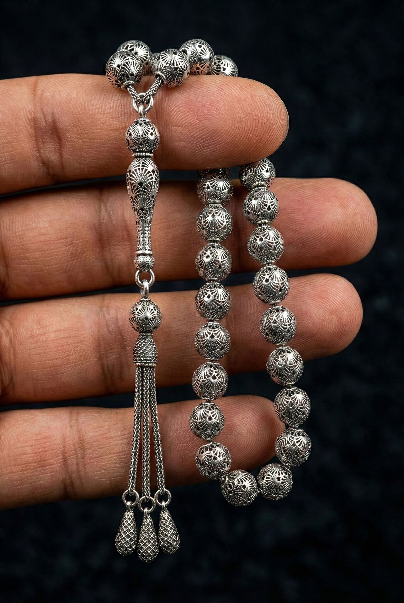 Globe Cut Tassel Wrist Armor Embroidered-Style Traditional Prayer Beads Silver