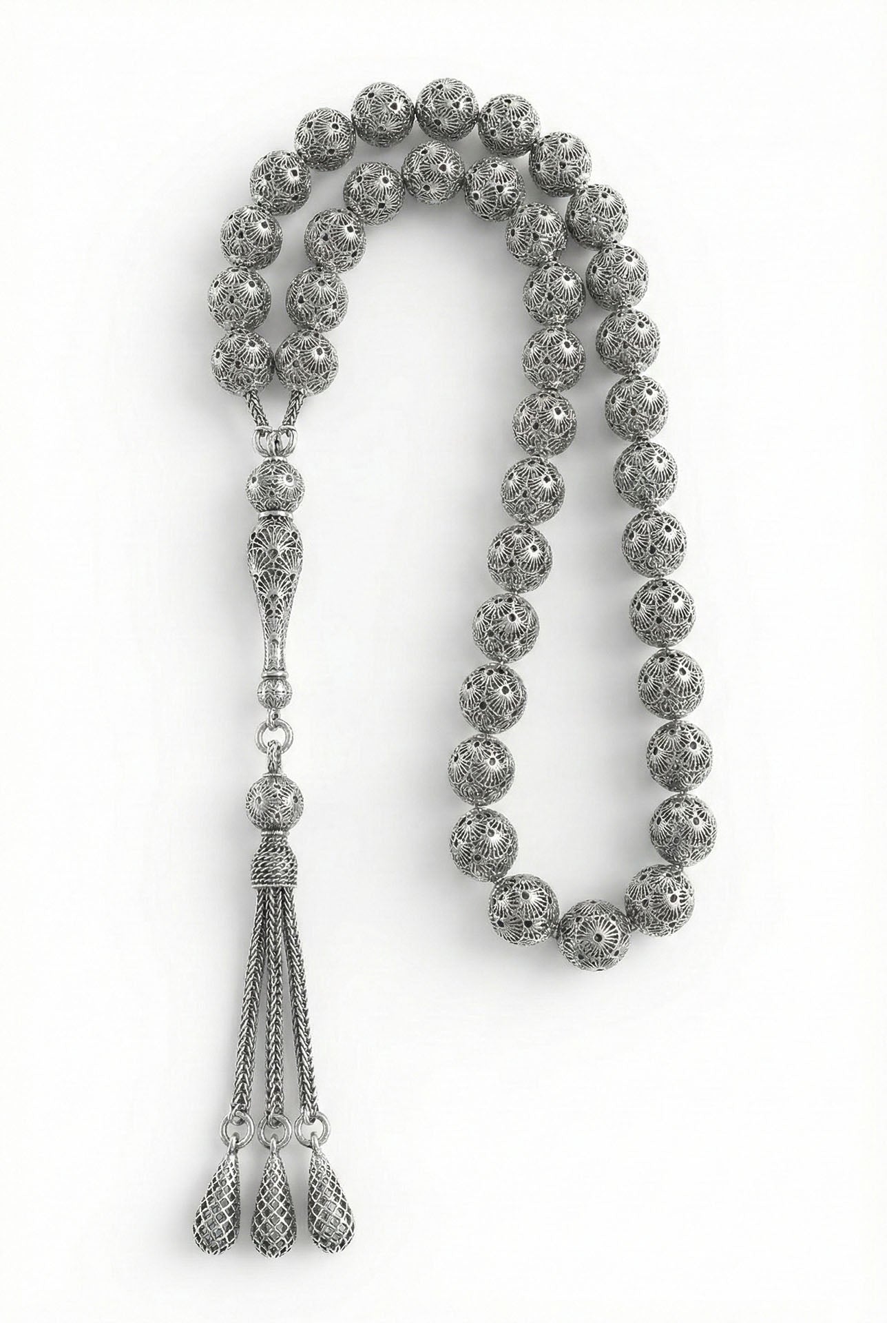 Globe Cut Tassel Wrist Armor Embroidered-Style Traditional Prayer Beads Silver