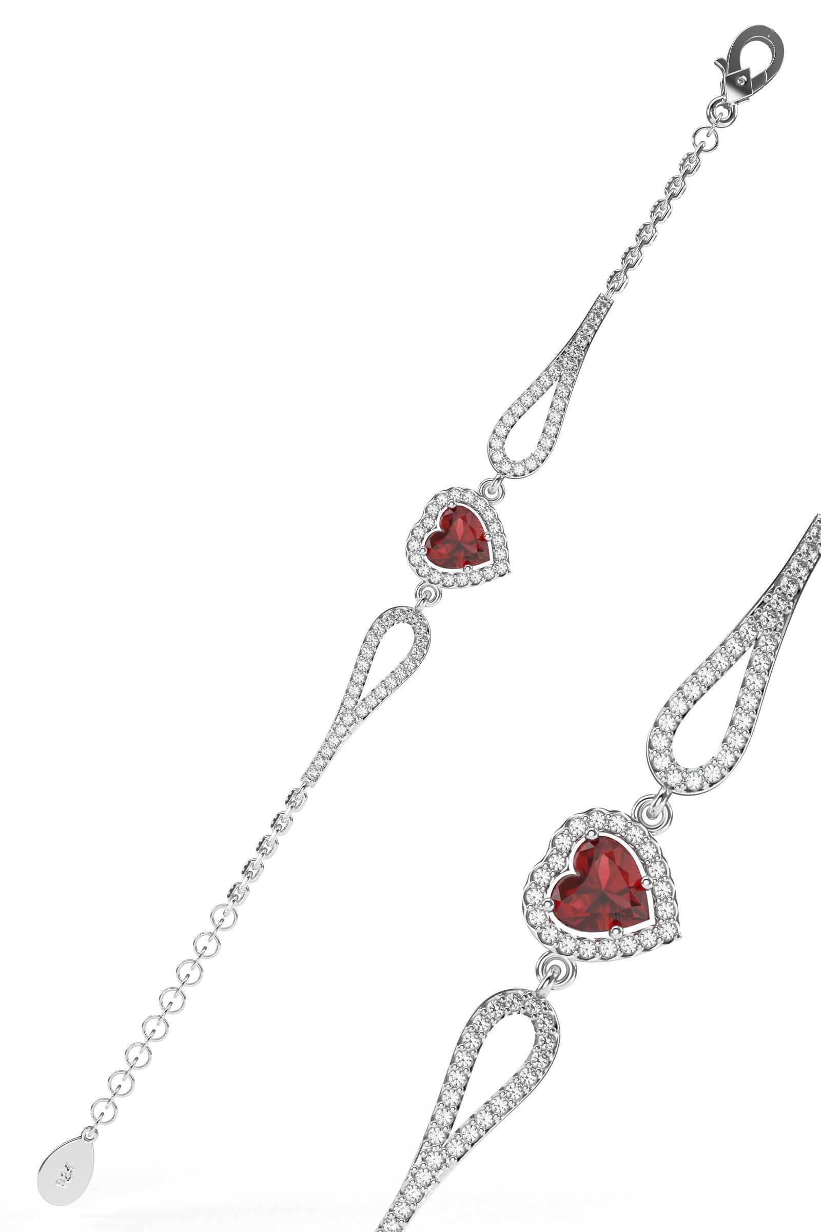 Garnet Sparkle Look Heart Bracelet Rhodium Plated Silver