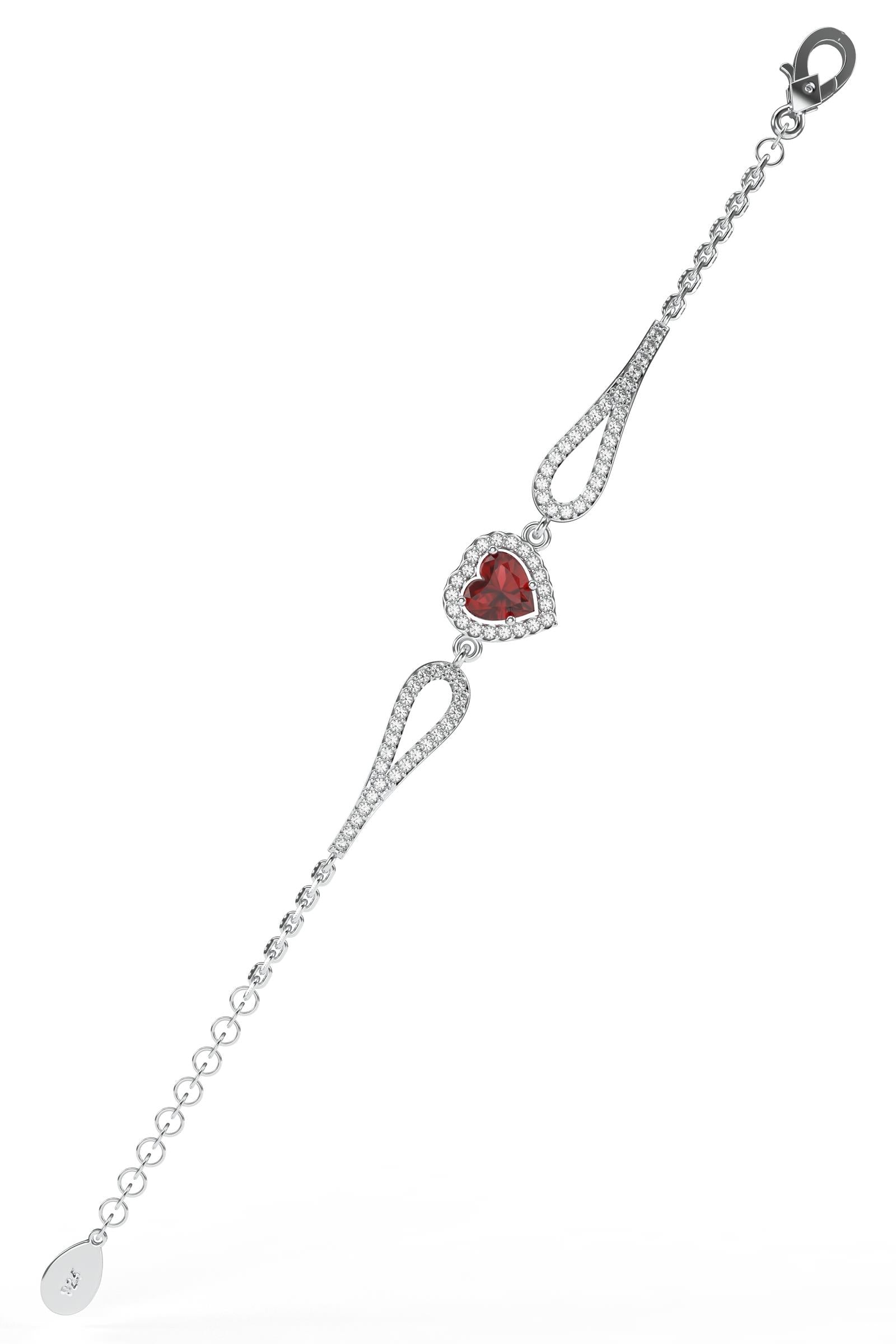 Garnet Sparkle Look Heart Bracelet Rhodium Plated Silver