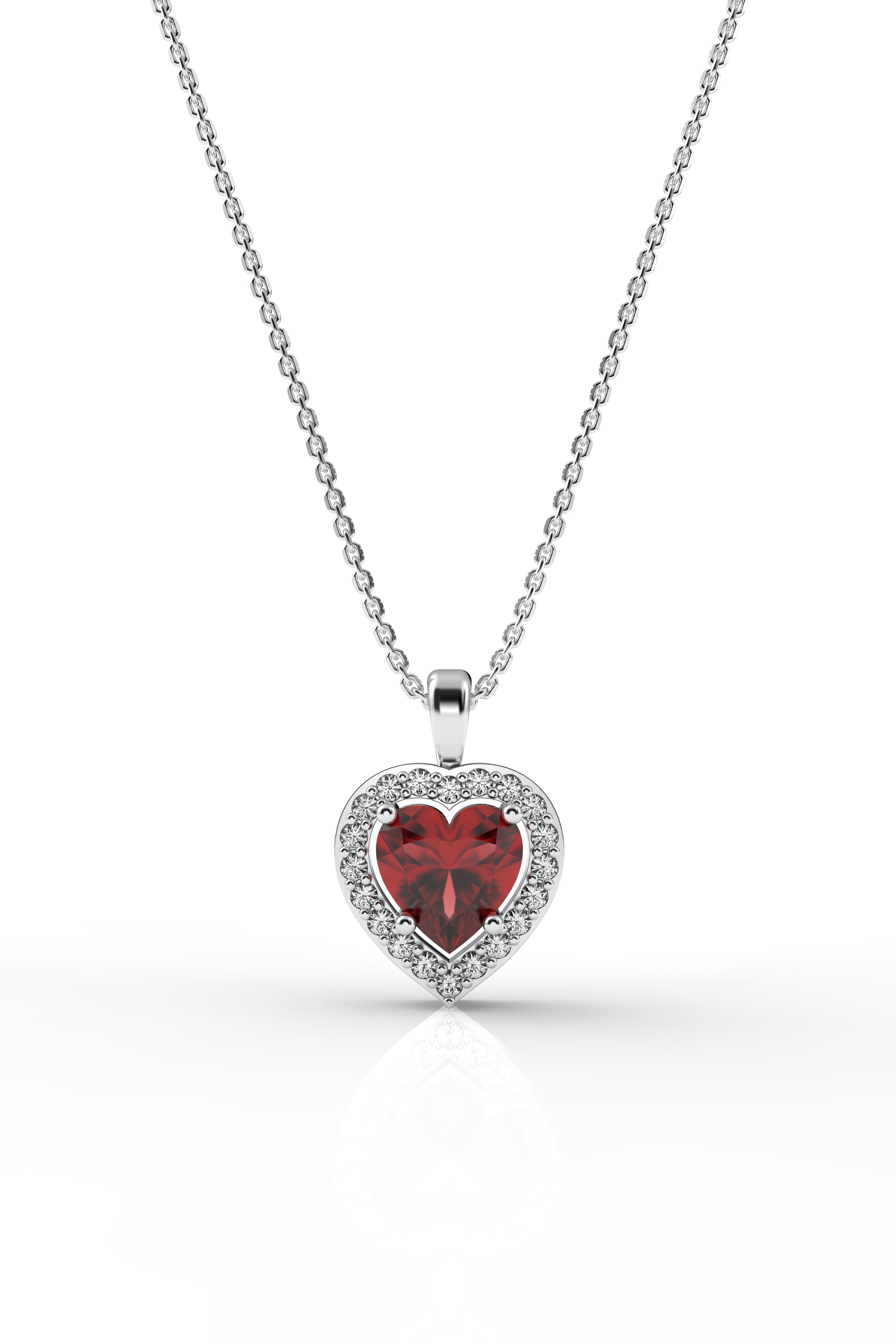 925 Sterling Silver Rhodium Plated Diamond Look Heart Necklace with Garnet Stone