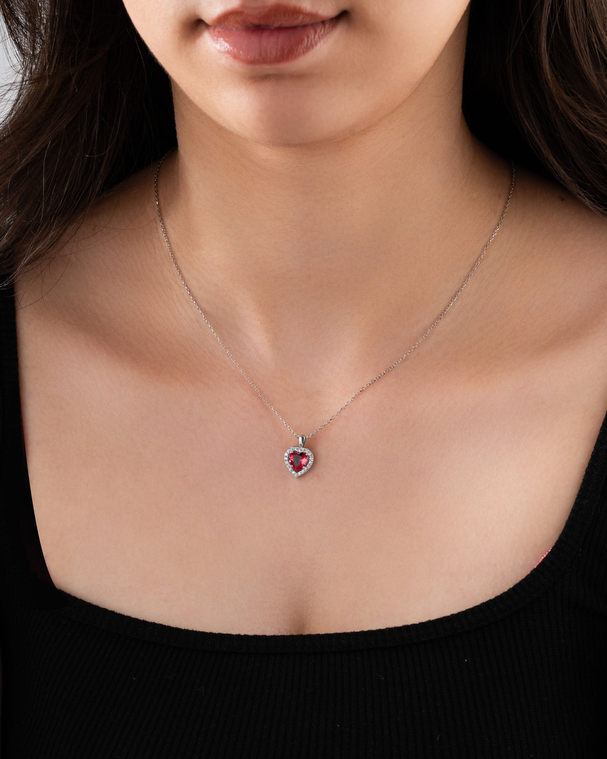 Rhodium Heart Cut Garnet Zircon Halo Necklace | 925 Silver