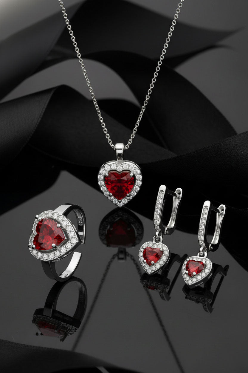 Garnet Sparkle Heart Set Rhodium Plated Silver