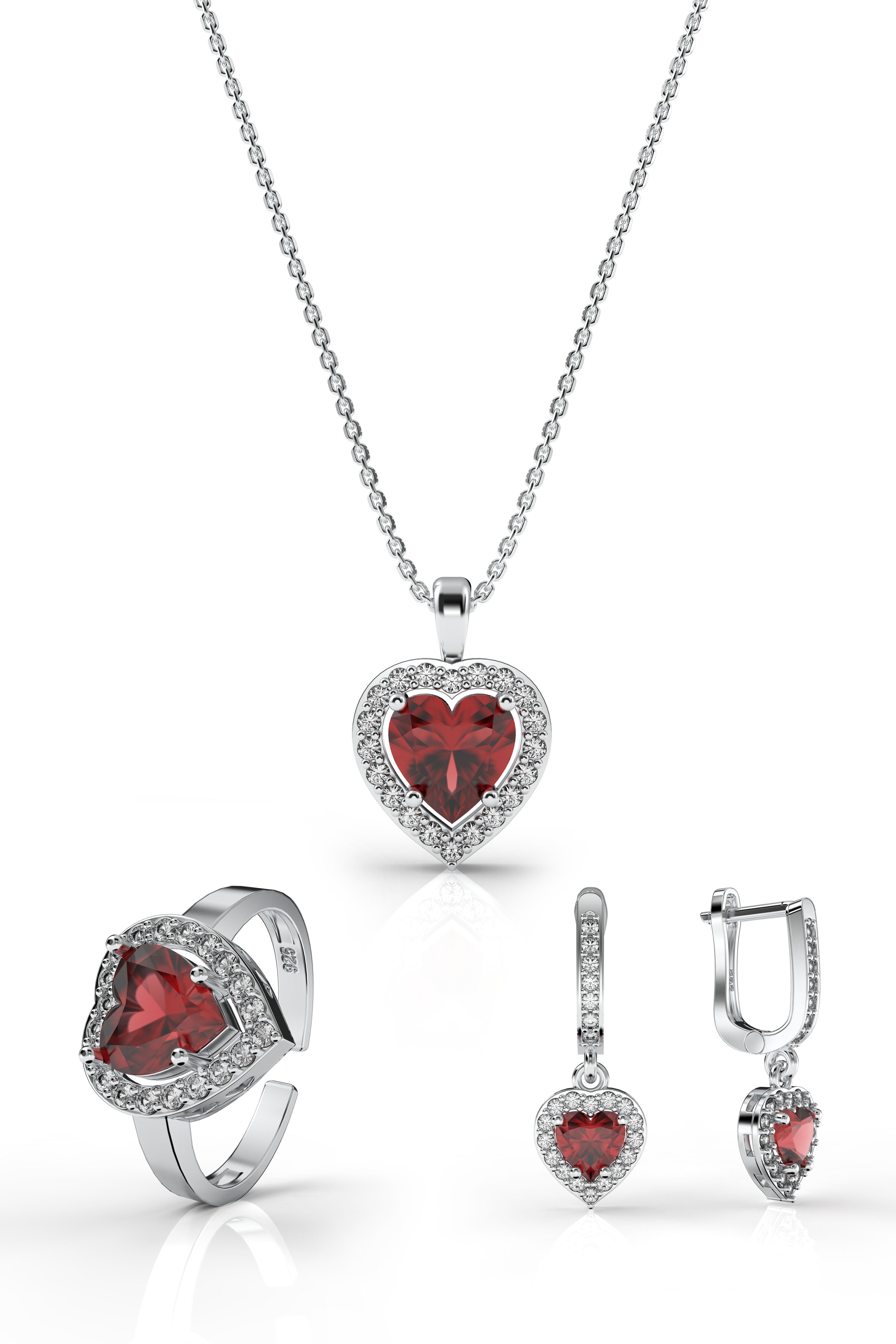 Garnet Sparkle Heart Set Rhodium Plated Silver