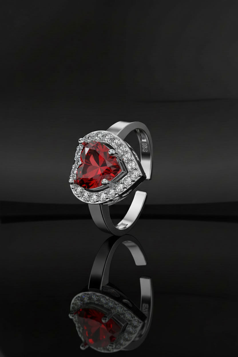 925 Sterling Silver Rhodium Plated Diamond Simulant Garnet Heart Adjustable Ring