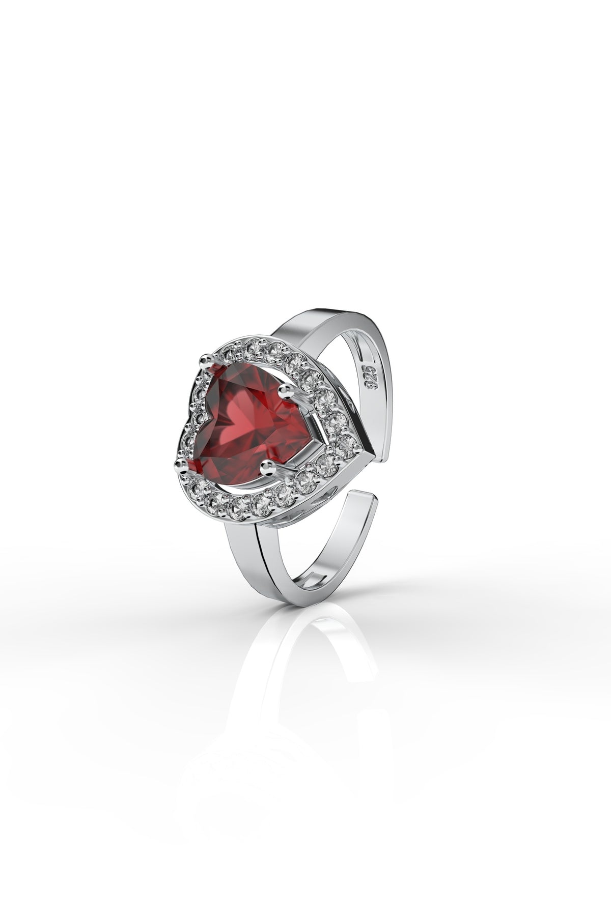 Heart Garnet - Zircon Halo Adjustable Ring in 925 sterling silver - view 4