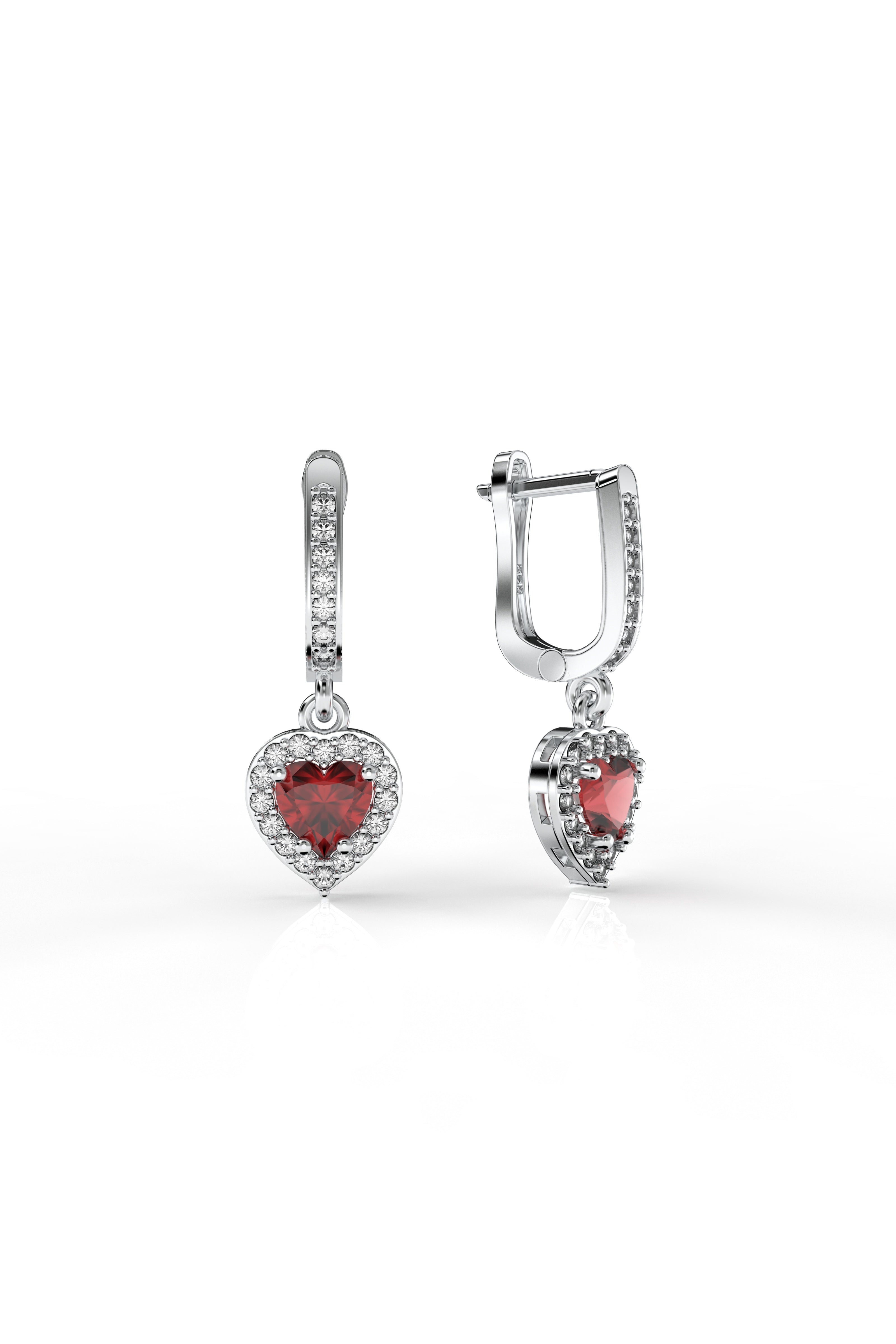 925 Sterling Silver Rhodium-Plated Dangling Heart Earrings with Garnet Stone and Diamond Shine