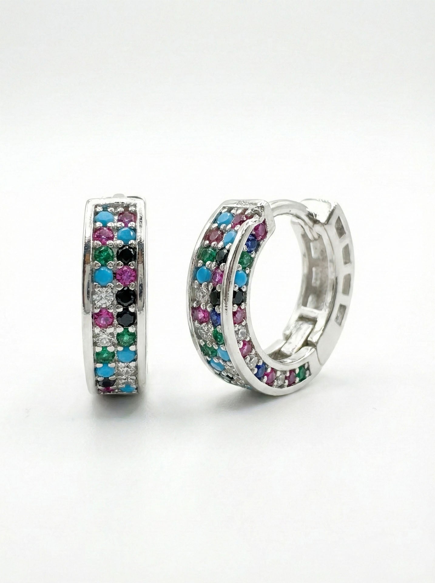 Mixed Double-Row Huggie Hoop Earrings Rhodium Plated Silver