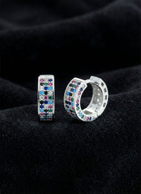 925 Sterling Silver Mixed Stone Rhodium Three Row Huggie Hoop Earrings