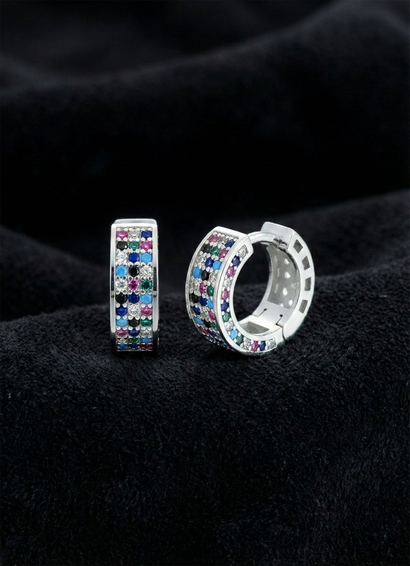 925 Sterling Silver Mixed Stone Rhodium Three Row Huggie Hoop Earrings