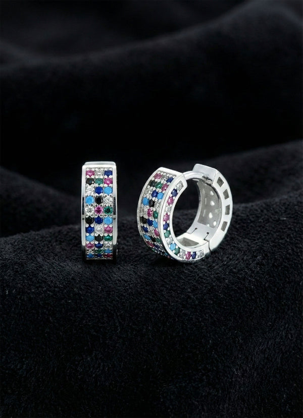 925 Sterling Silver Mixed Stone Rhodium Three Row Huggie Hoop Earrings