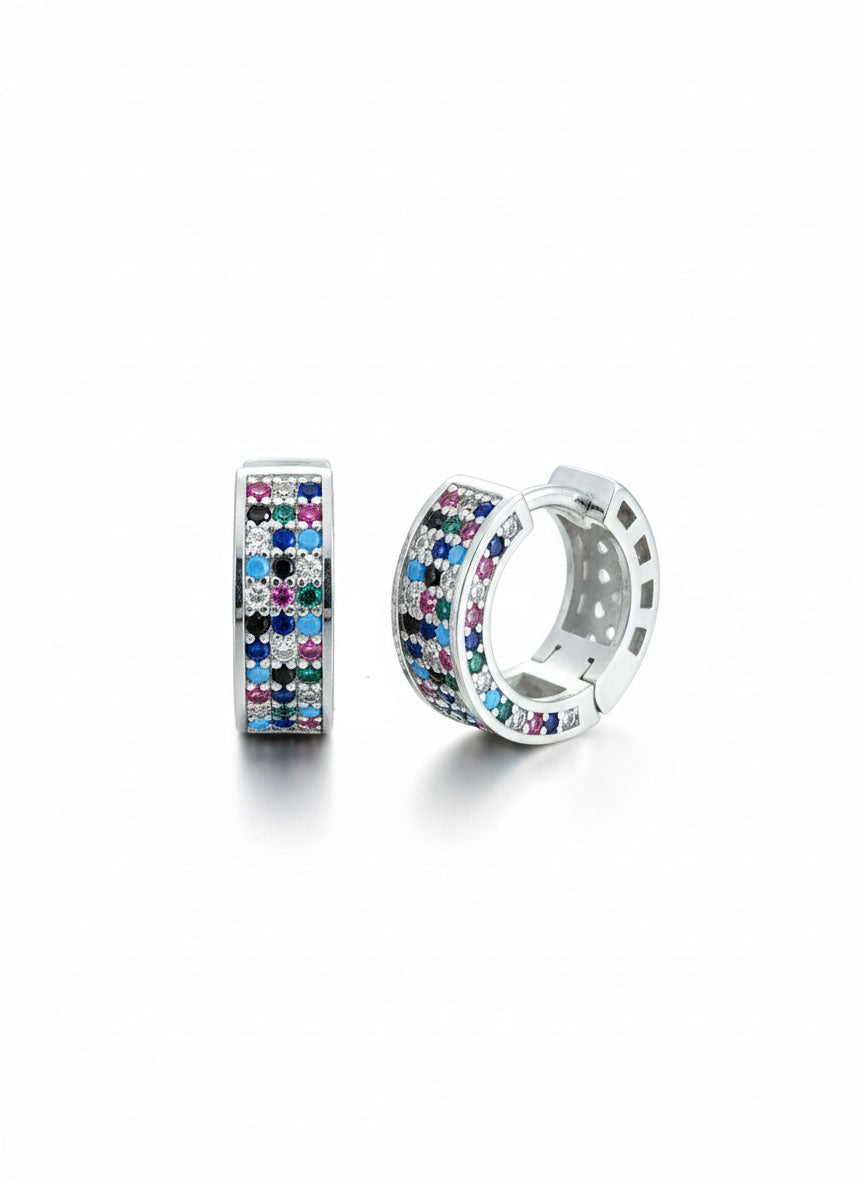 925 Sterling Silver Mixed Stone Rhodium Three Row Huggie Hoop Earrings