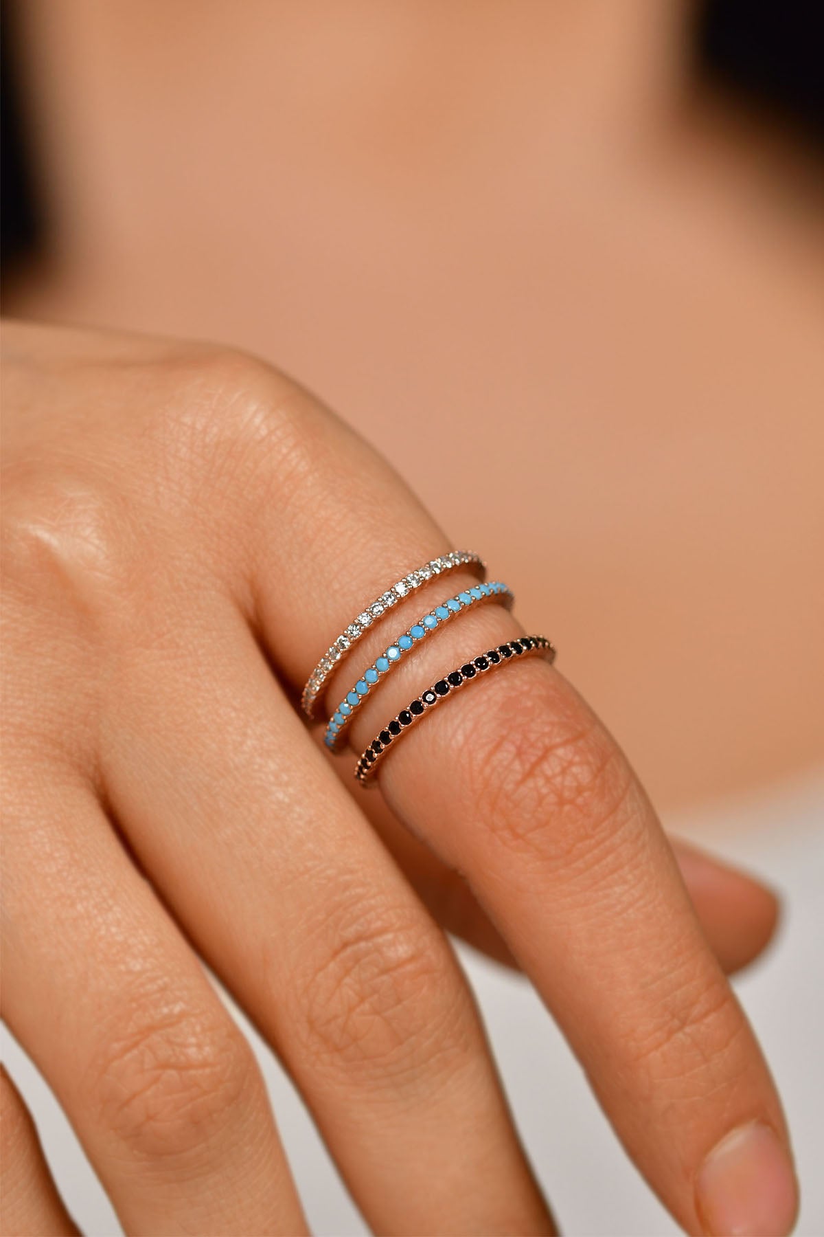 925 Sterling Silver Rose Gold Stacking Eternity Ring Set (Set of 3) - Dainty Minimalist Gemstone Band Rings for Women