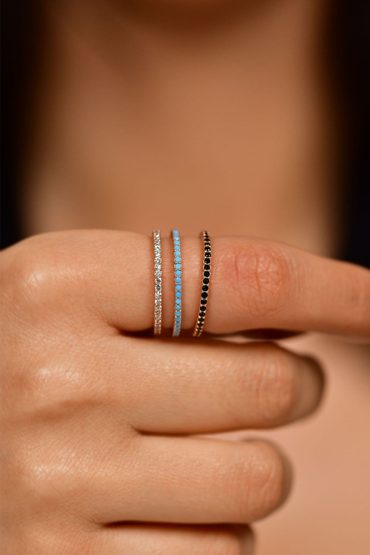 925 Sterling Silver Rose Gold Stacking Eternity Ring Set (Set of 3) - Dainty Minimalist Gemstone Band Rings for Women