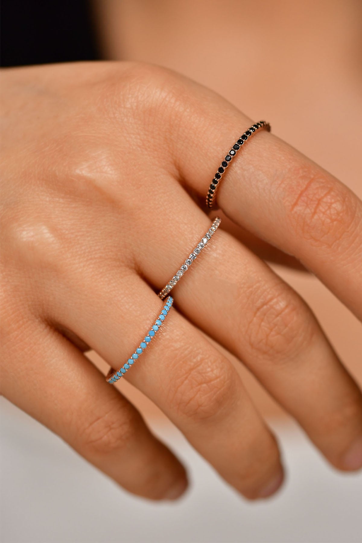 925 Sterling Silver Rose Gold Stacking Eternity Ring Set (Set of 3) - Dainty Minimalist Gemstone Band Rings for Women