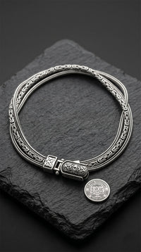 925 Sterling Silver Men's Bracelet - Oxidized Byzantine and Foxtail Chain with Custom Patterned Clasp