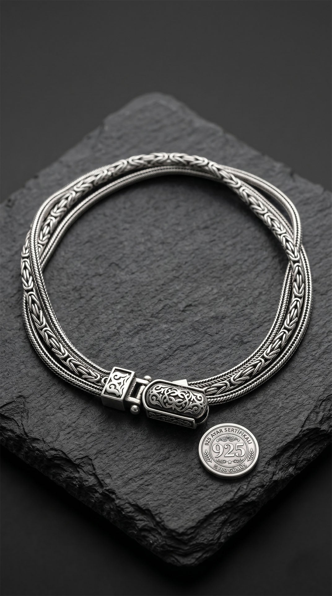 925 Sterling Silver Men's Bracelet - Oxidized Byzantine and Foxtail Chain with Custom Patterned Clasp