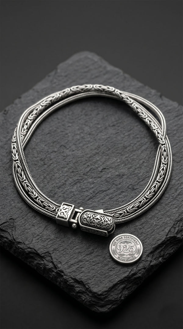 925 Sterling Silver Men's Bracelet - Oxidized Byzantine and Foxtail Chain with Custom Patterned Clasp
