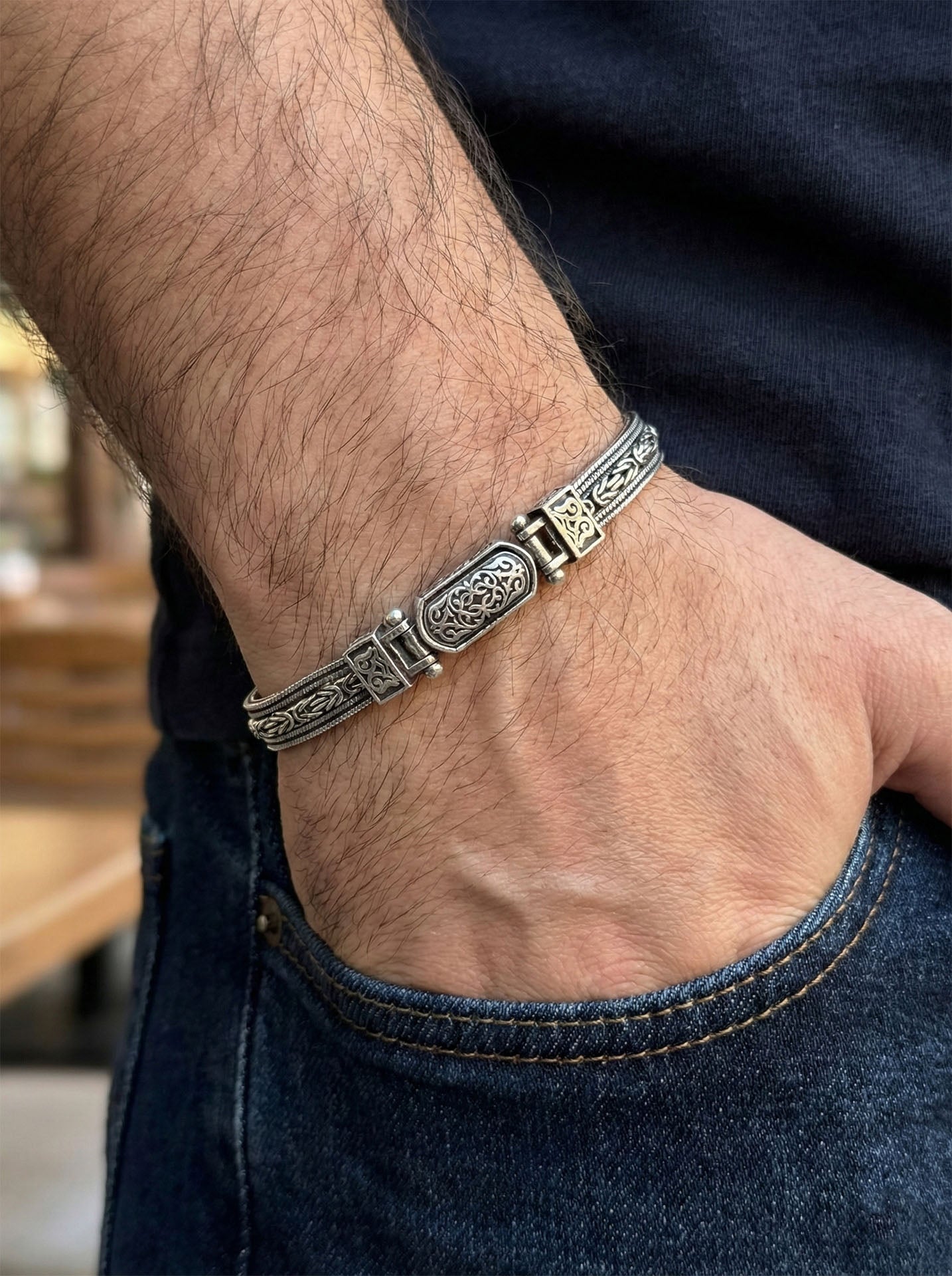 925 Sterling Silver Men's Bracelet - Oxidized Byzantine and Foxtail Chain with Custom Patterned Clasp