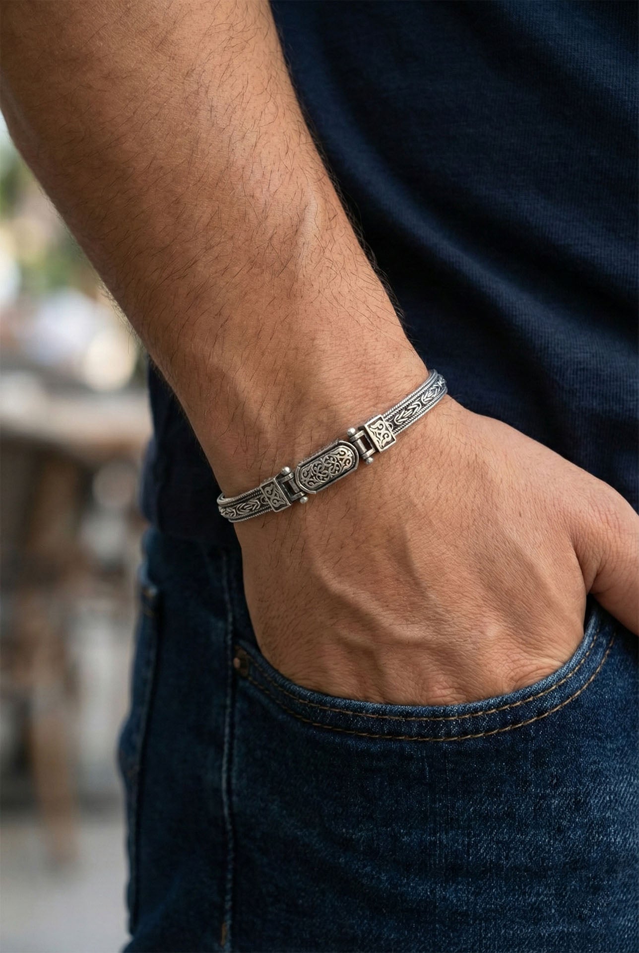 925 Sterling Silver Men's Bracelet - Oxidized Byzantine and Foxtail Chain with Custom Patterned Clasp