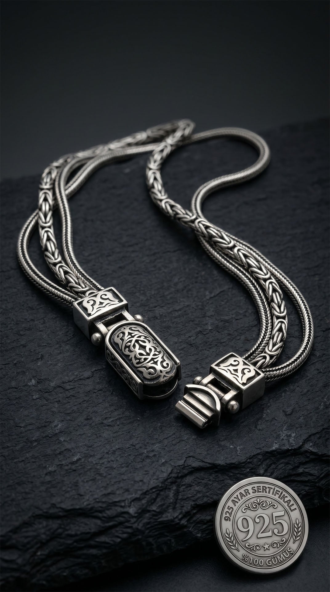 925 Sterling Silver Men's Bracelet - Oxidized Byzantine and Foxtail Chain with Custom Patterned Clasp