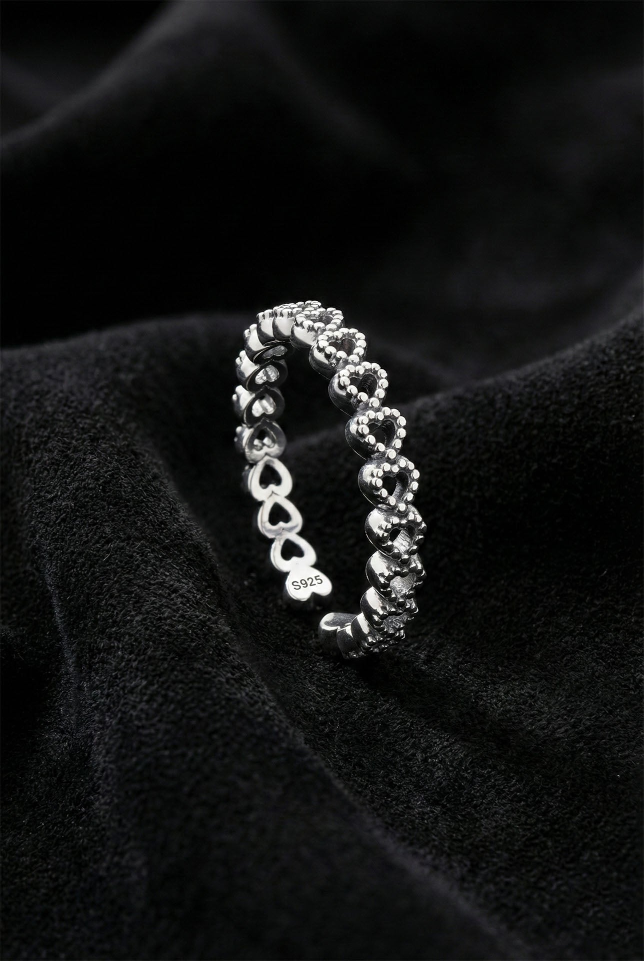 925 Sterling Oxidized Heart Adjustable Eternity Silver Ring