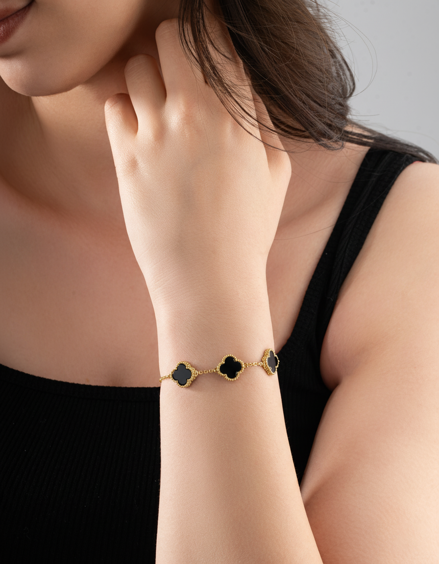 Onyx Trio Clover Bracelet Gold Plated Silver