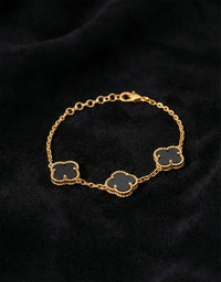 Gold Plated Triple Onyx Clover Bracelet | 925 Silver