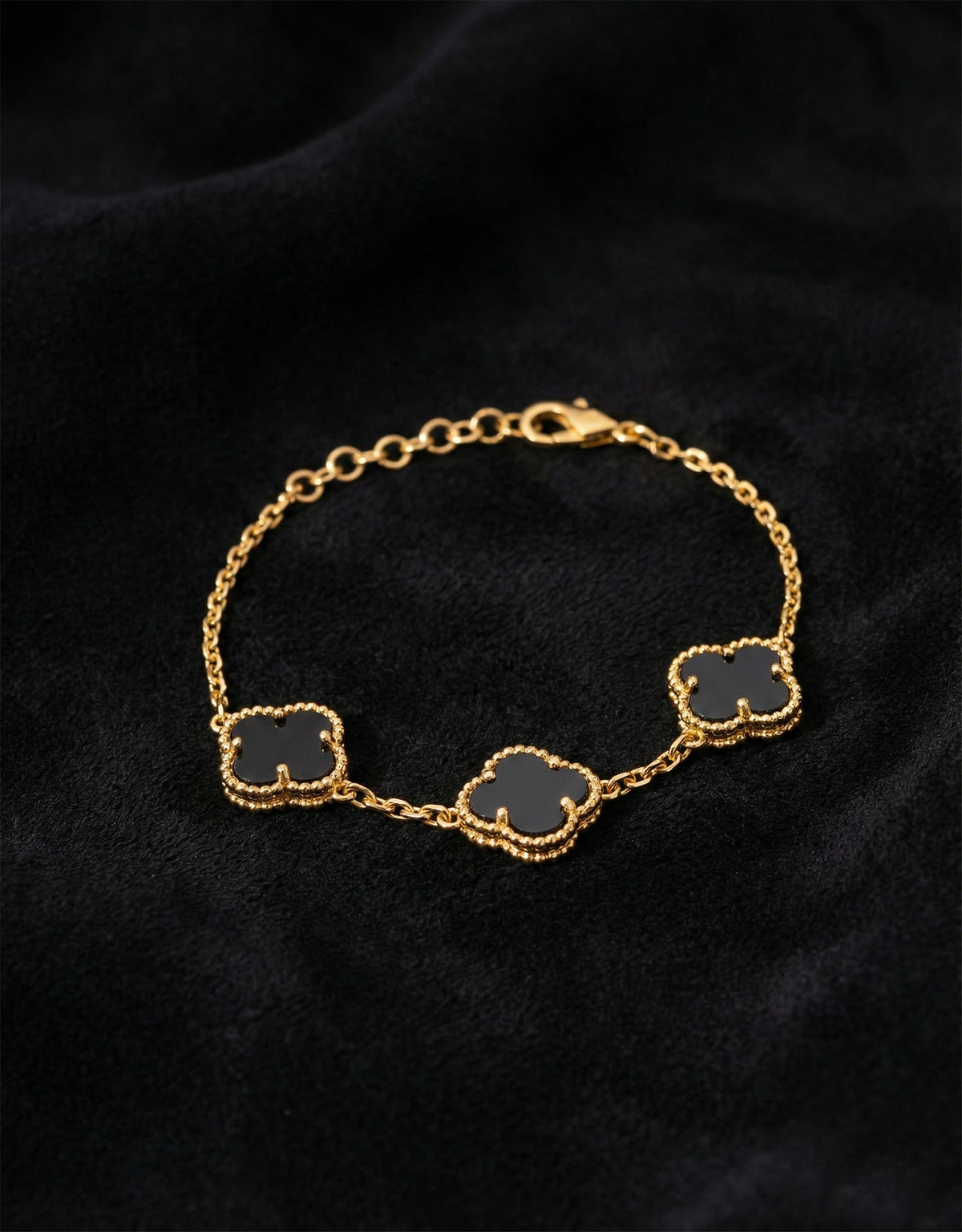 Gold Plated Triple Onyx Clover Bracelet in 925 sterling silver