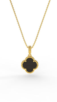 925 Ayar Oniks Taşlı Gold Van Cleef Yonca Gümüş Kolye