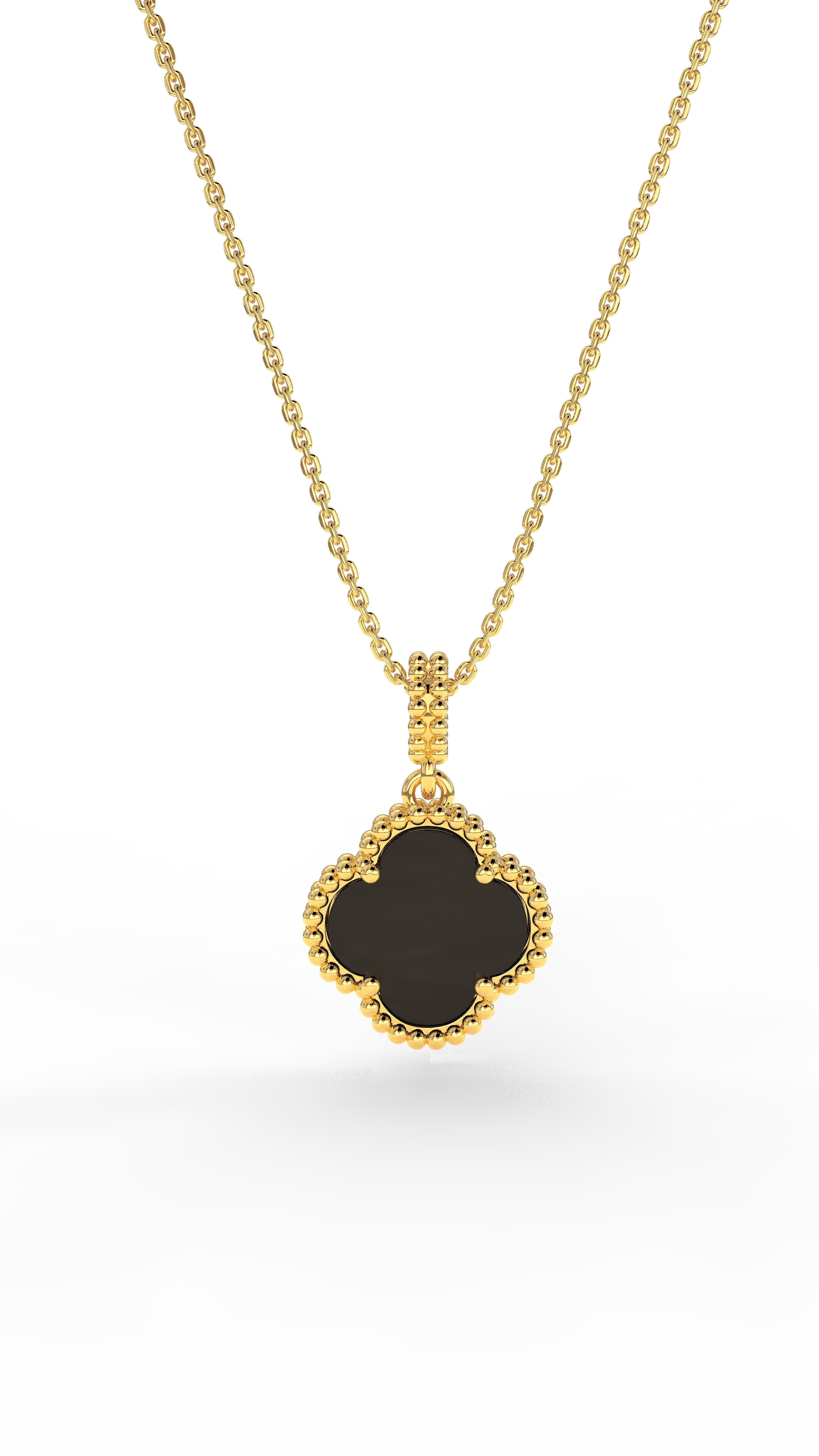 925 Ayar Oniks Taşlı Gold Van Cleef Yonca Gümüş Kolye