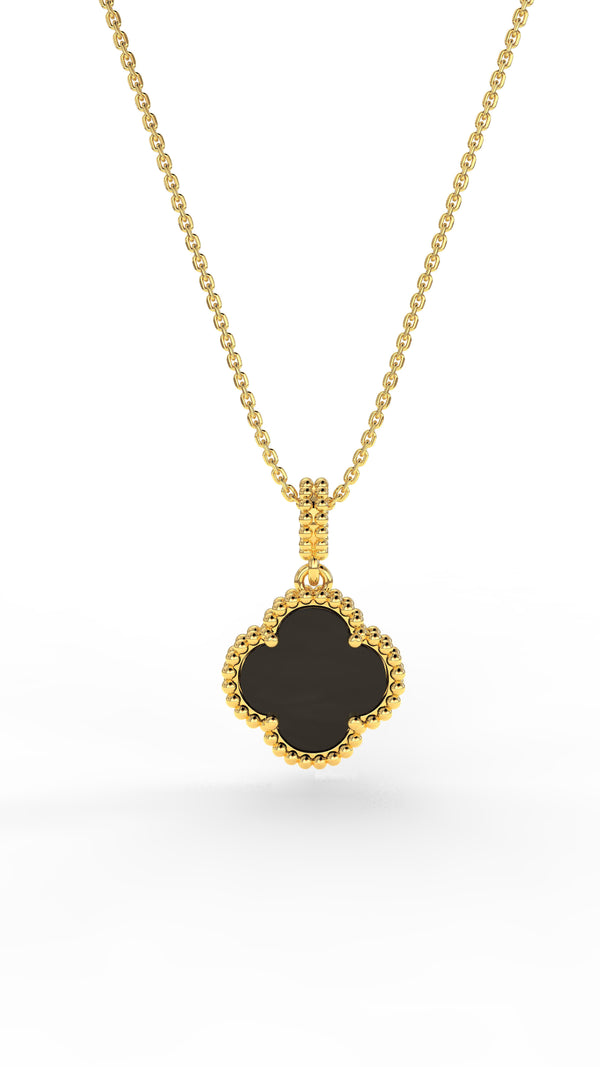 925 Ayar Oniks Taşlı Gold Van Cleef Yonca Gümüş Kolye